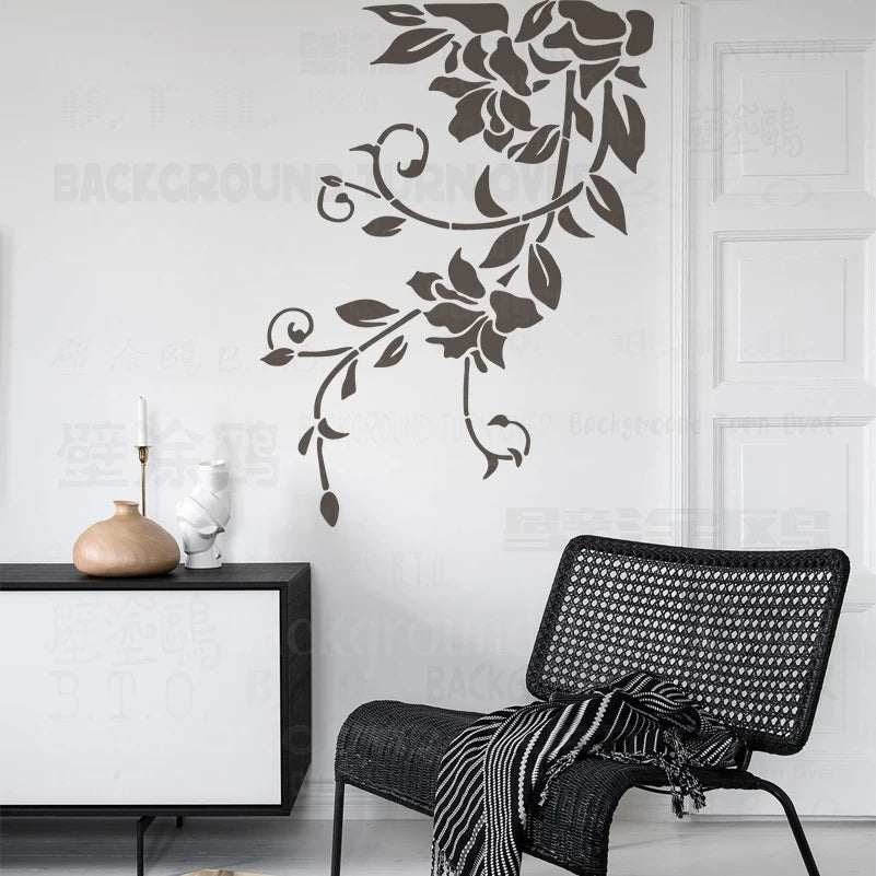 Stencil mural floral noir blanc adhésif artisanal decoratif taille 70cm 60cm 50cm 80cm 90cm