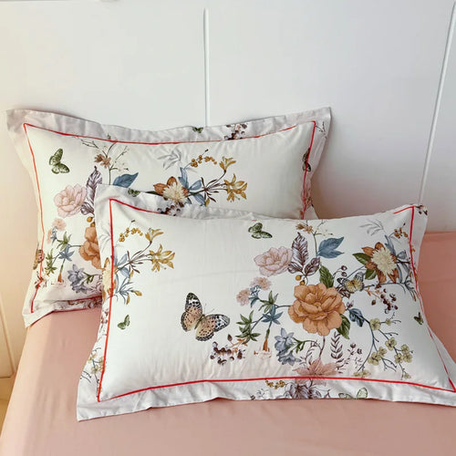 taie d'oreiller coton brossé motif floral fleurs vintage blanc beige bleu vert décoratif