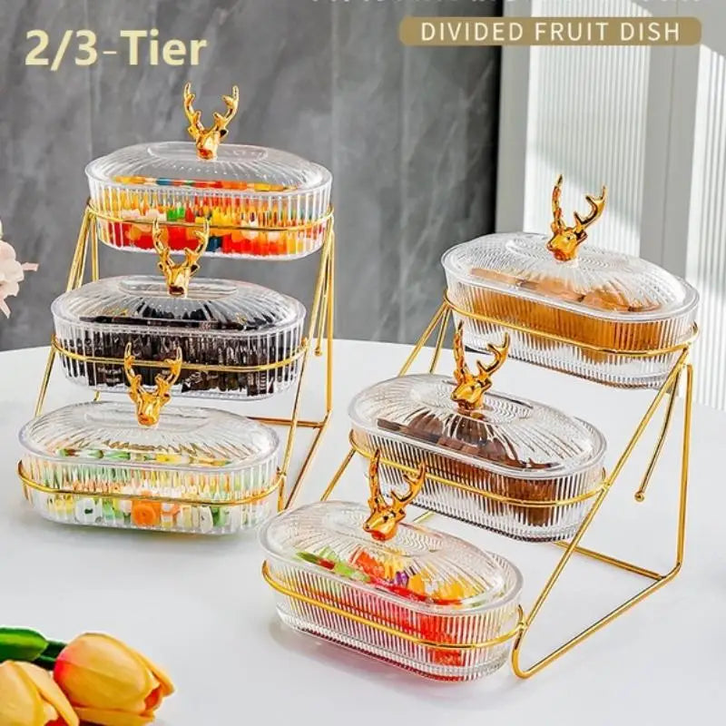assiettes fruits divisées transparentes rayures horizontales moderne élégant couvercle support métallique doré