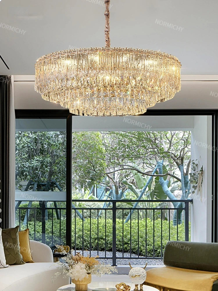 lustre suspendu cristal doré moderne lampe salon luxe géométrique élégant intérieur