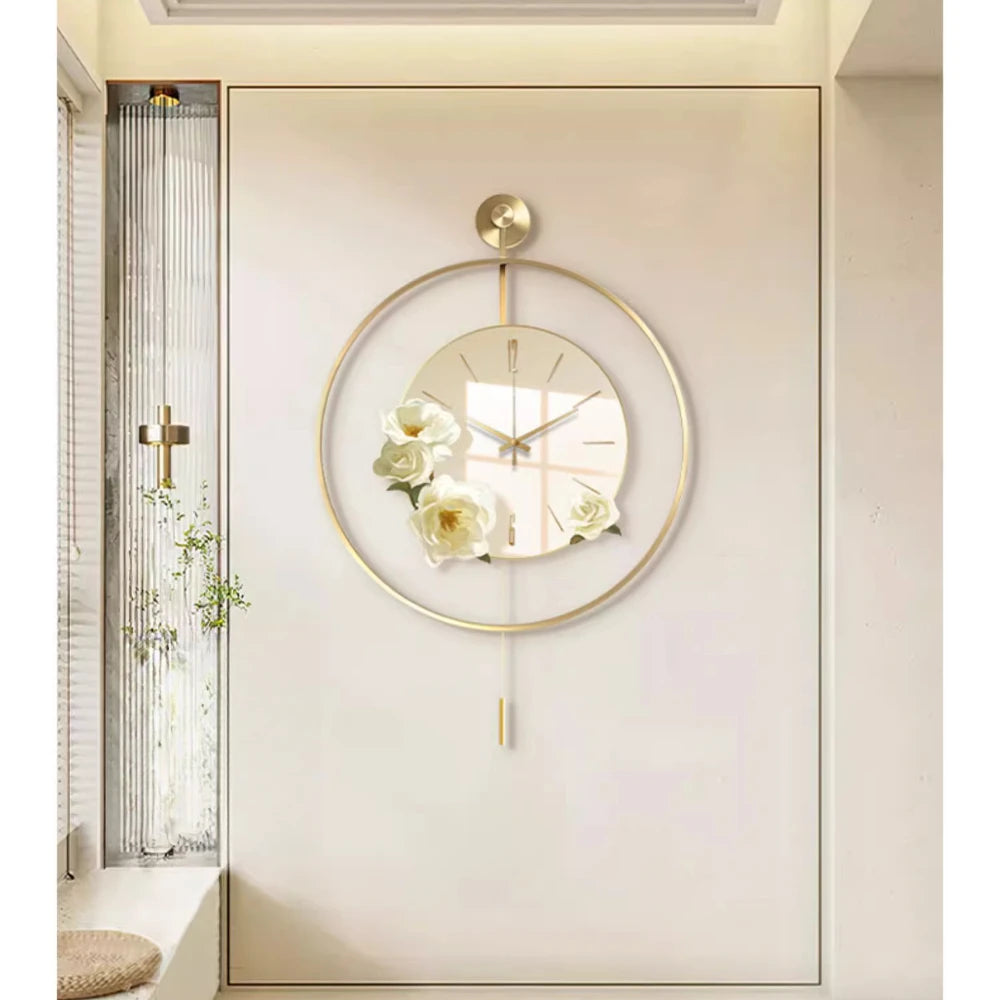 horloge murale moderne élégante fleurs blanches cadran transparent or blanc pendule aiguilles métal porcelain
