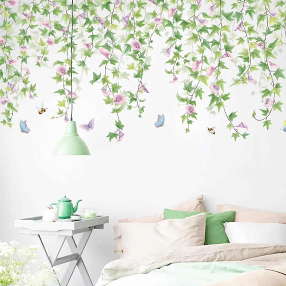 sticker mural floral vigne feuilles fleurs papillons adhésif facile appliquer vert rose blanc naturel