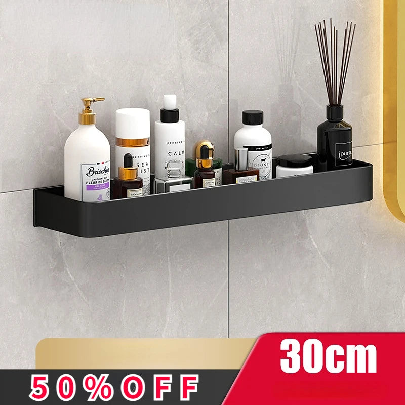 étagères murales modernes noires clips serviettes brosses lotions flacons salle bain