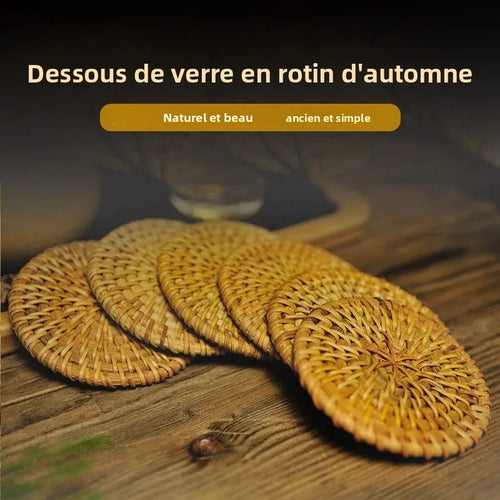 dessous verre rotin tressé naturel rustique ensemble anti brûlure tasses théière