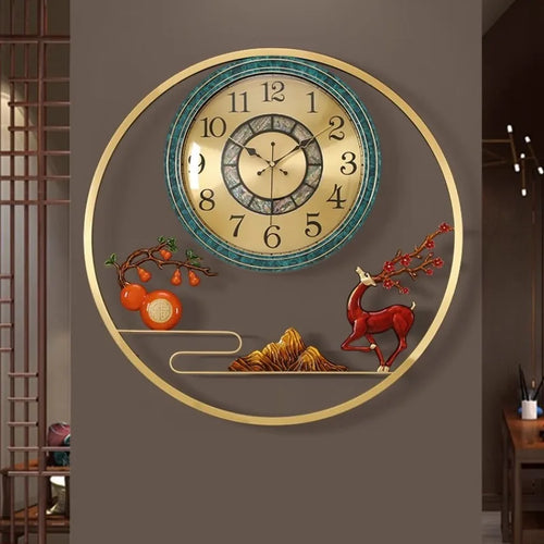 horloge murale moderne or doré motif renne montagne fruits inclusion métallique fixations