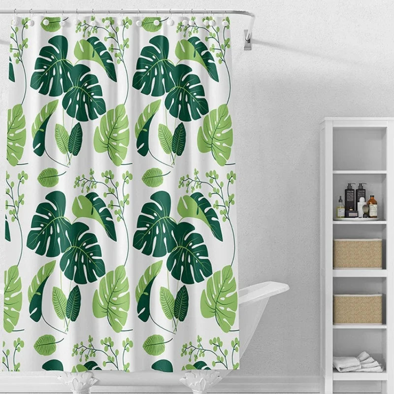 rideau douche opaques feuilles tropicales vert blanc moderne anneauxétales