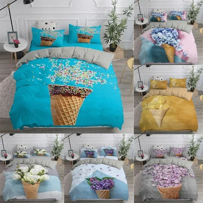 Parure de lit 90x190 microfibre imprimée 3D fleur de crème glacée sur un lit