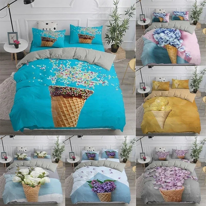 Parure de lit 90x190 microfibre imprimée 3D fleur de crème glacée sur un lit