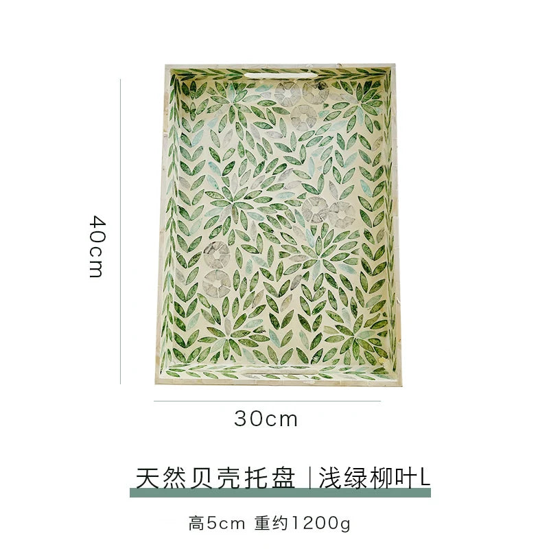 plateau moderne décoratif poignées couleur bleu clair vert beige feuilles saule mosaïque transparent opacité