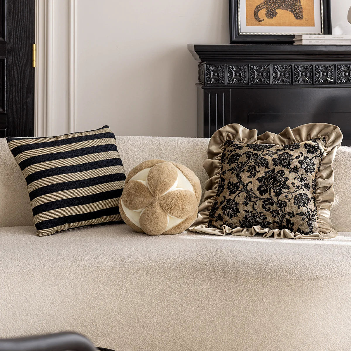 housse coussin carré scénique floral vintage 100 polyester beige noir lit salon decoration maison