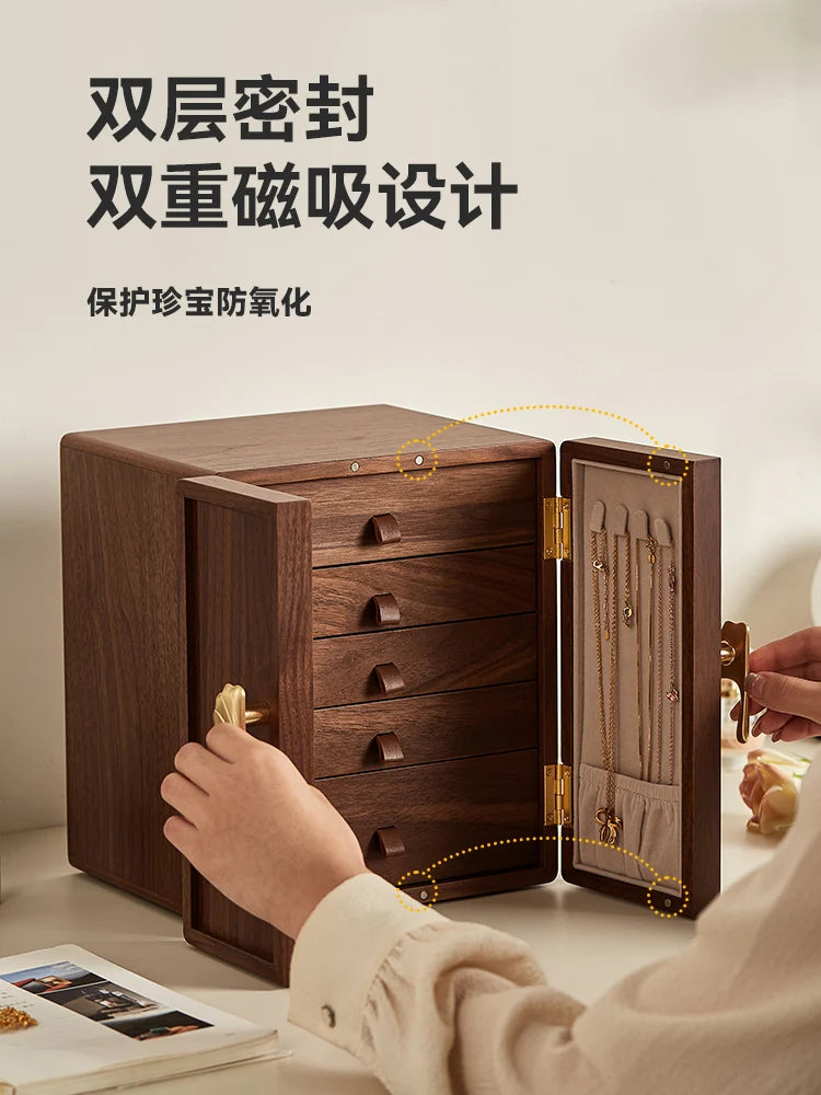 coffret bijoux bois marron tiroirs poignées dorées rangement moderne minimaliste