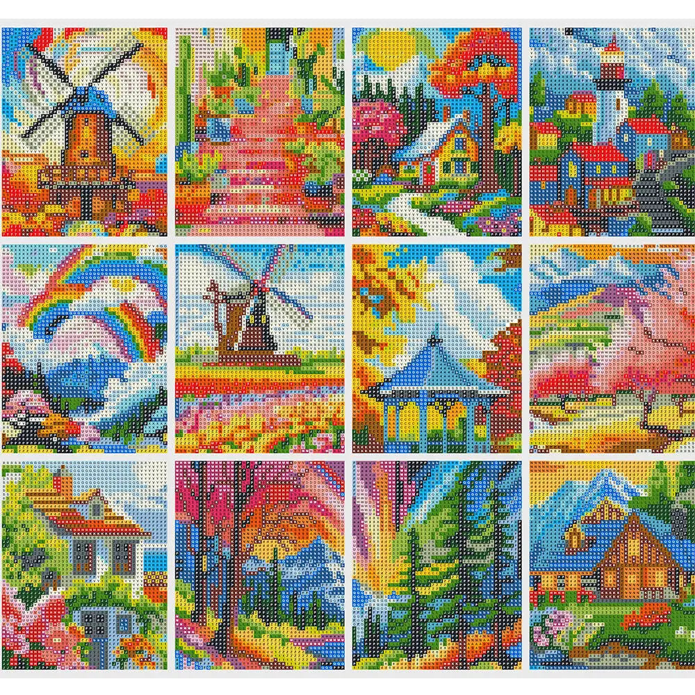 tableau decoratif paysages montagnes moulins maisons nature multicolore art populaire cadre bois chambre salon