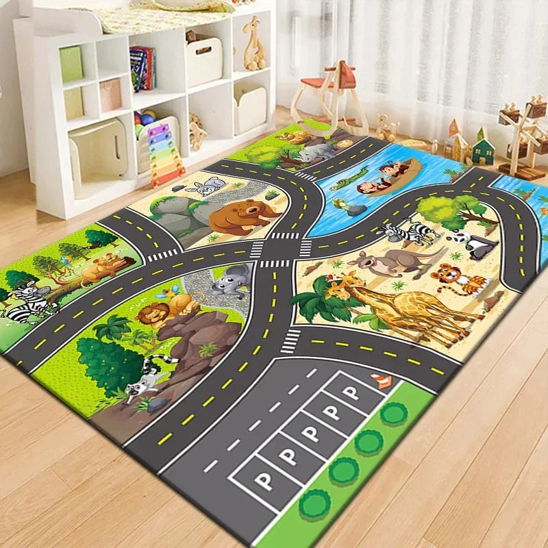 tapis jeu enfant ville animaux piste course chambre salon décoratif bleu vert gris blanc