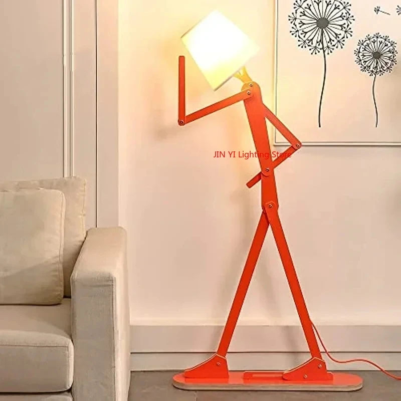 lampe sol moderne bras articulés tête lumineuse bois orange éclairage led original fixations modernes