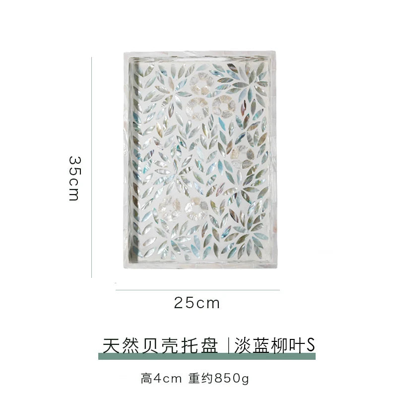 plateau moderne décoratif poignées couleur bleu clair vert beige feuilles saule mosaïque transparent opacité