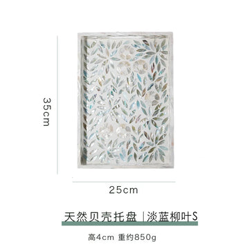 plateau moderne décoratif poignées couleur bleu clair vert beige feuilles saule mosaïque transparent opacité