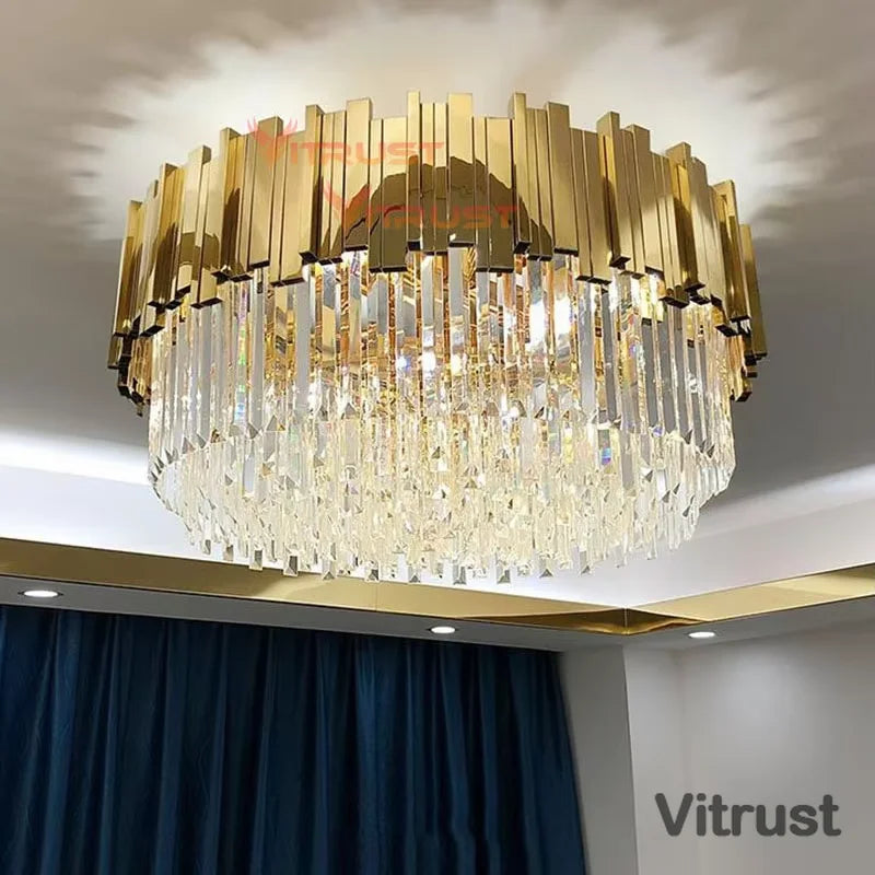 lampe moderne or cristal transparent élégante barres dorées inoxydables salon hall