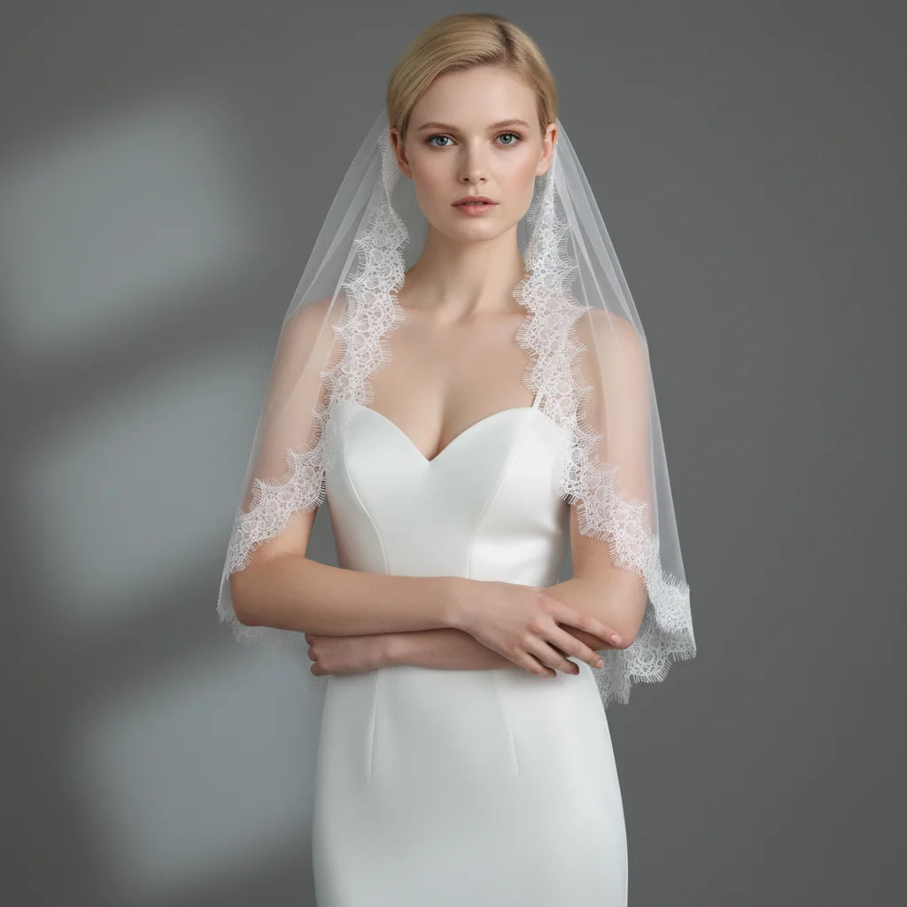voile mariée blanc dentelle fine classique mariage translucide unique couche bride élégante