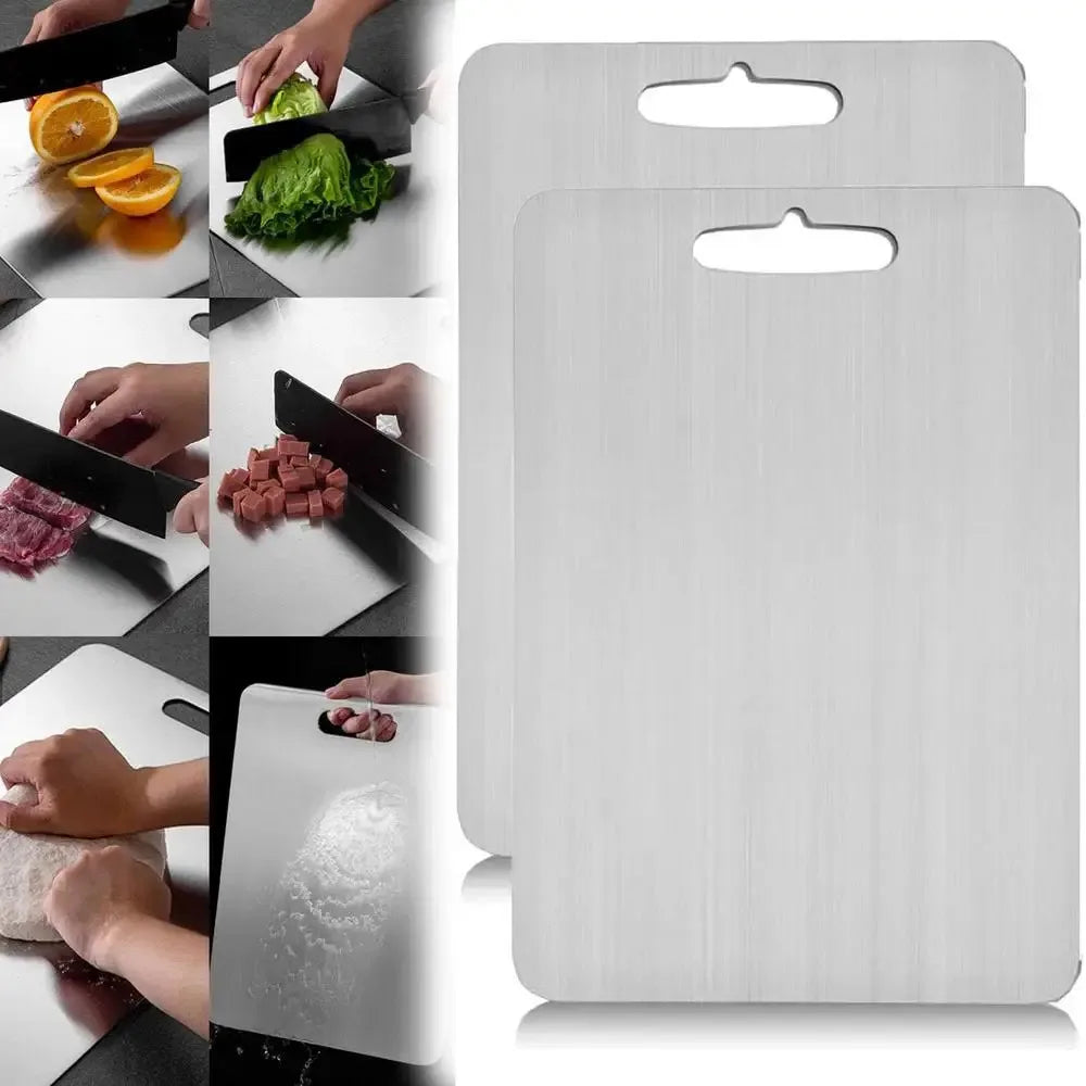 planche découper acier inoxydable argenté moderne poignée intégrée lisse brossée cuisine utilitaire double face