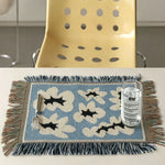 tapis table moderne fleurs stylisées franges bleu blanc noir résistant l'usure ethnique