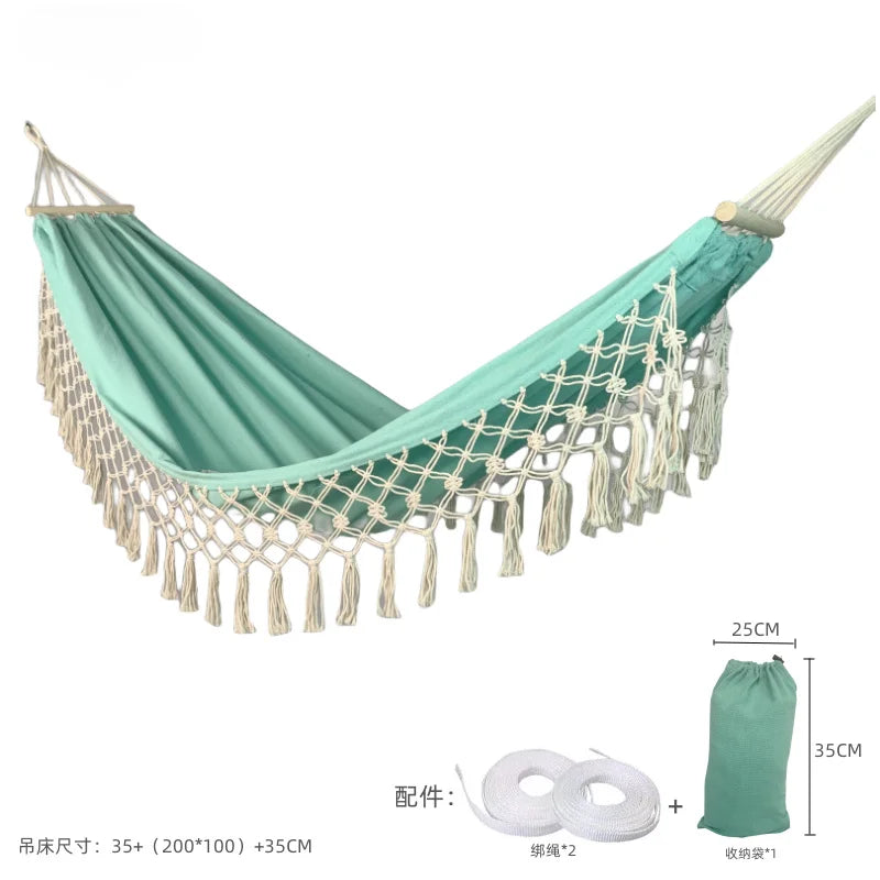 hamac vert turquoise tissu uni franges bohème fixations bois sac rangement