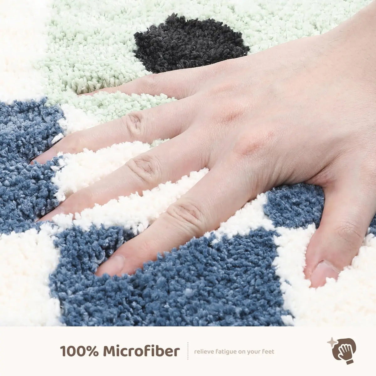 tapis bain antidérapant polyester feutre décoratif carreaux géométriques souriant vert clair bleu marine