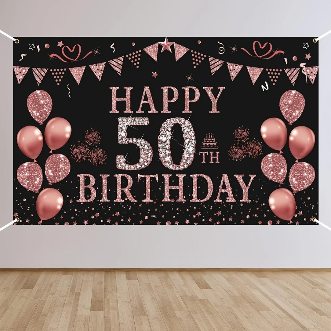bannière anniversaire 50 ans lettres dorées ballons guirlandes confettis noir rose pâle blanc élégante