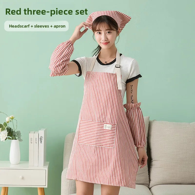 tablier rayé coton lin écharpe tête manches poche avant élastique couleur vert rouge marron