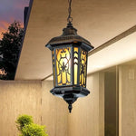 lampe suspendue art déco noir doré motifs floraux verre opalin led extérieure aluminium