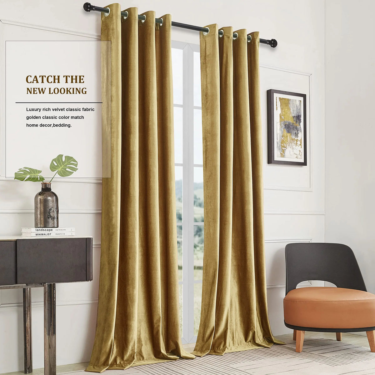 rideau velours or classique opacifiant fenetre anneaux chambre salon
