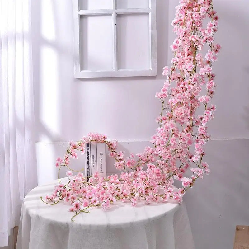 guirlande fleurs artificielles rose clair 1m8 décoration romantique intérieur 135 fleurs rangée