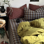 parure lit carreaux vert olive housse couette drap taies d'oreiller coton moderne