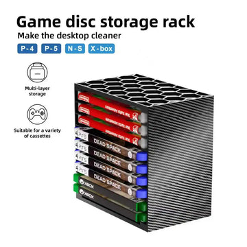 rangement multicouche jeux vidéo boitiers disques noir rouge bleu moderne alvéolaire hexagonal organiser collection