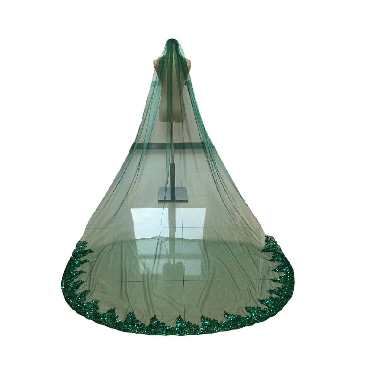 voile mariée vert sequins bordure perlée transparent classique tulle polyester