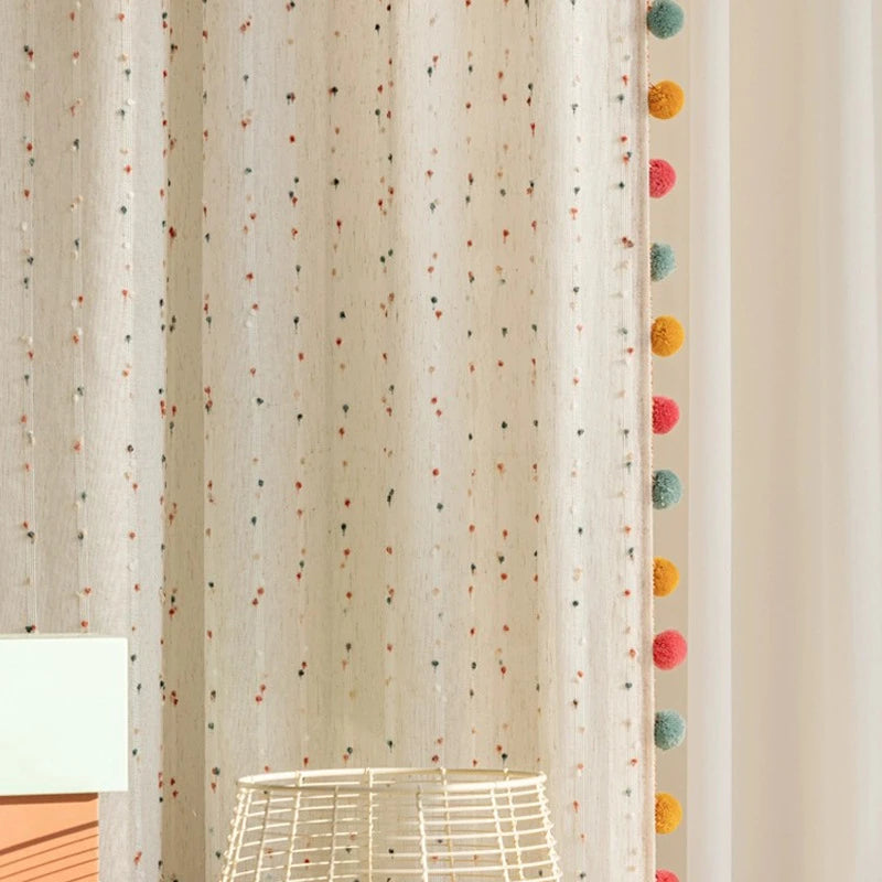 rideau polyester brodé pompons colorés moderne décoration intérieure fond blanc points colorés résistant l'eau