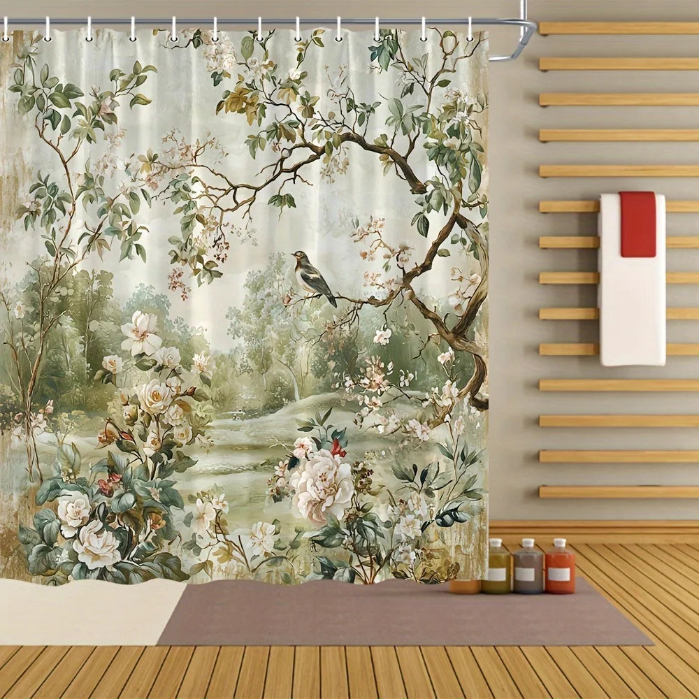 rideau douche floral vert beige blanc rose marron classique romantique résistant l'eau polyester hand