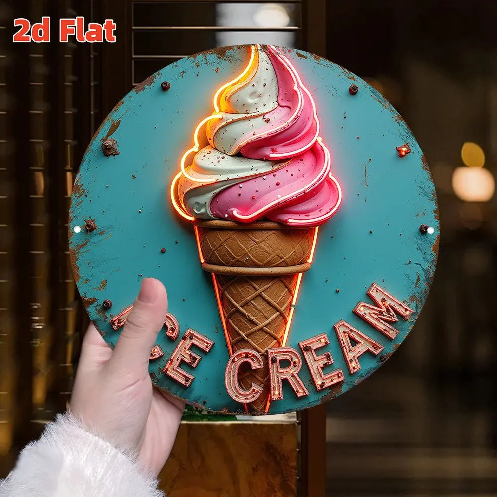 plaque publicitaire ice cream bleu rose blanc glace cornet texte rétro décoration murale boutique