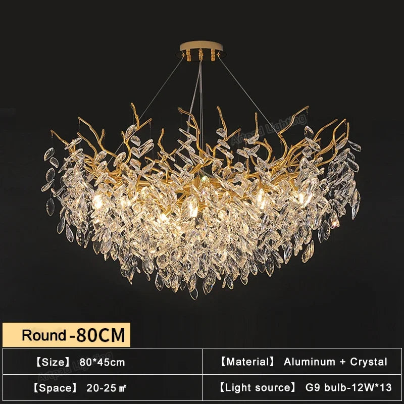 Suspension lumineuse contemporaine transparente dorée branches feuilles LED 100cm