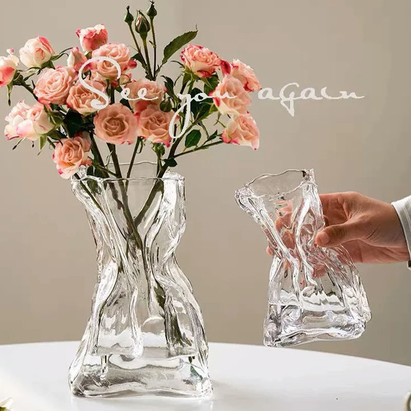 vase transparent verre texturé moderne intérieur décoration florale artificielle minimaliste table accueil