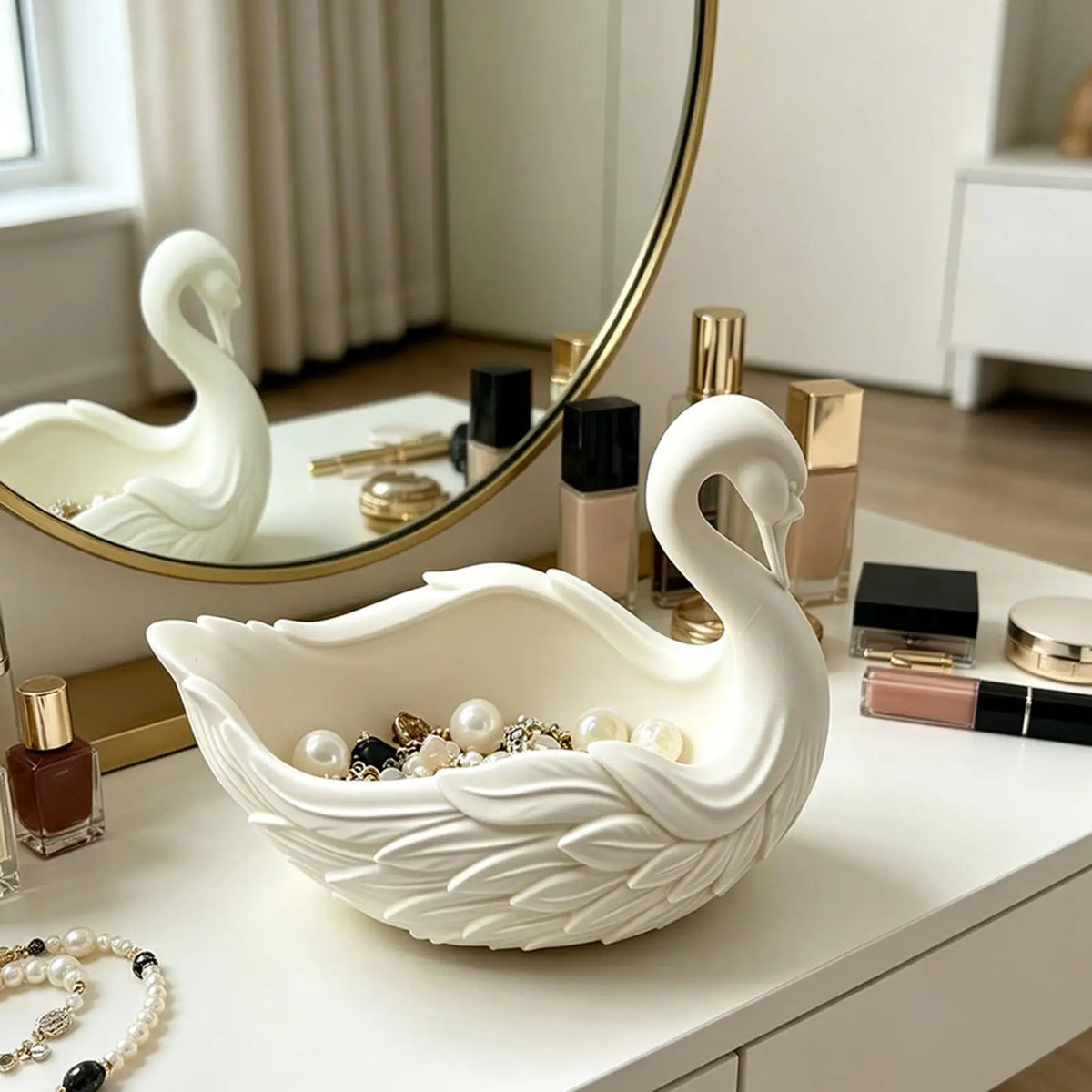 plateau forme cygne blanc plumes gravées élégant organisateur clés plantes succulentes herbes séchées décoratif