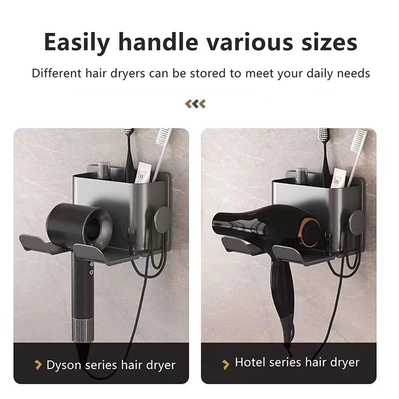 support mural moderne sèche cheveux brosse rasoir adhésif gris blanc rangement salle bain