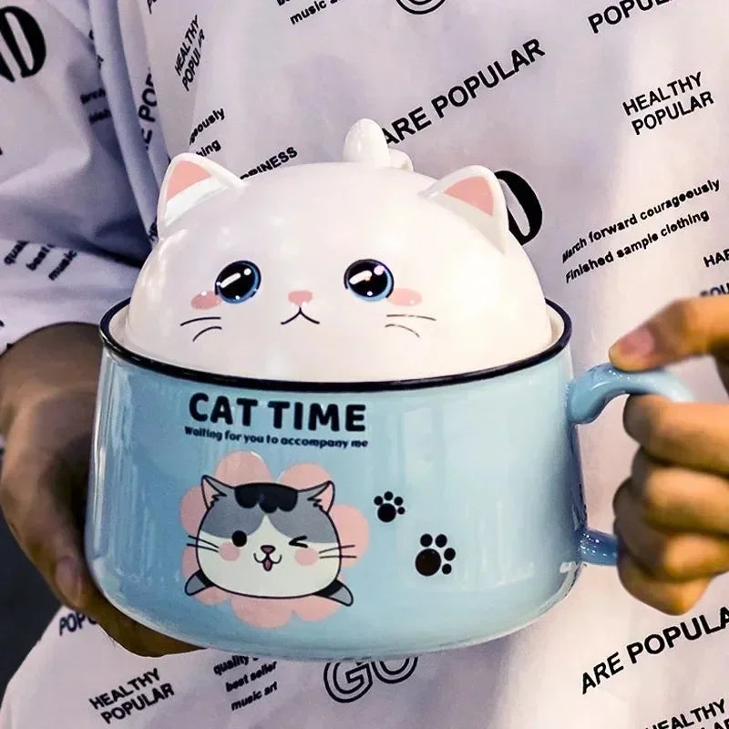 tasse soupe couvercle céramique porcelaine dessin animé chats bleu rose mignon unique environnement