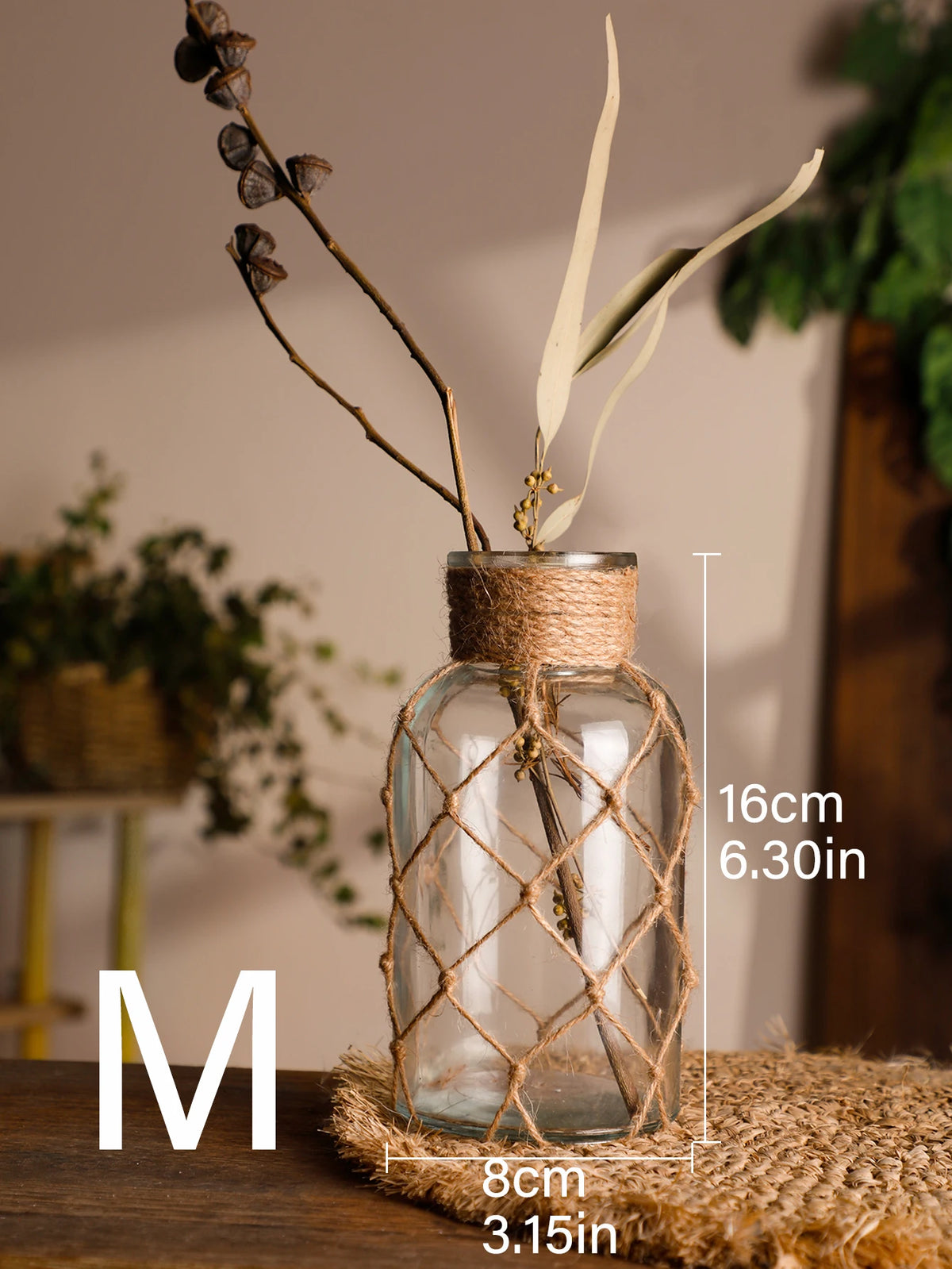 vase verre transparent rustique corde tressée anneaux métalliques décoration bohème vintage table salon