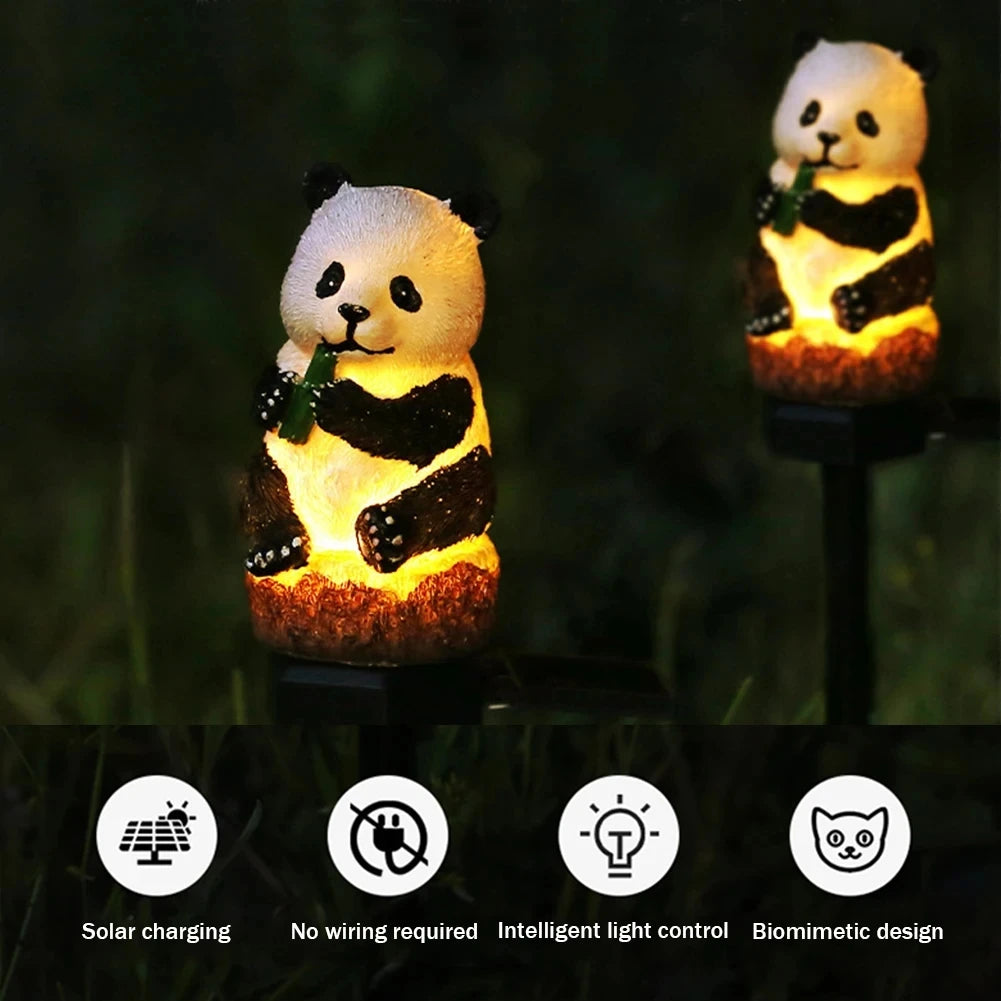 lampe solaire jardin panda bambou résine biomimétique piquet blanc noir brunextérieur contemporain led rechargeable