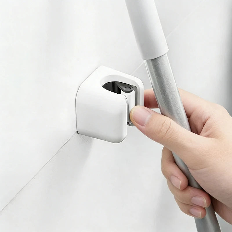 organisateur mural adhésif balai serpillière outils nettoyage moderne salle bain cuisine blanc gris