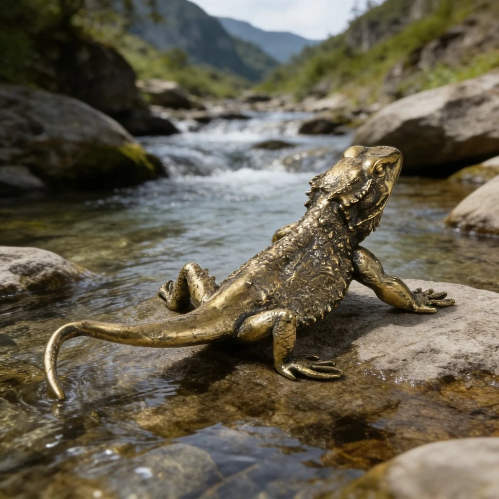 statuette lézard doré bronze texture reptile réaliste décoration intérieure environnement naturel