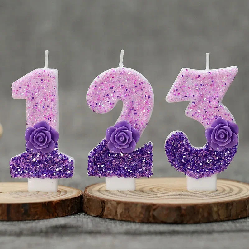 bougies forme chiffres pailletées violettes blanches décoratives anniversaire festive filles garçons