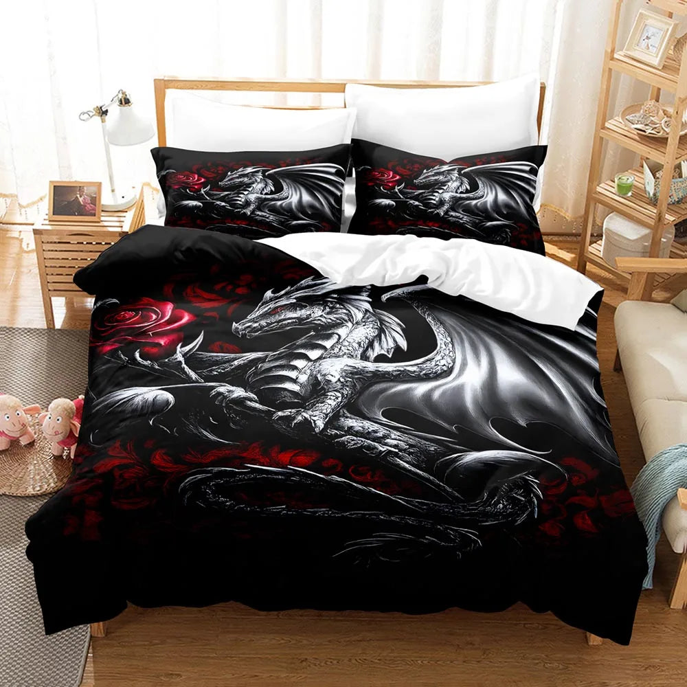 ensemble literie housse couette taies d'oreiller squelette crâne roses halloween motif artistique