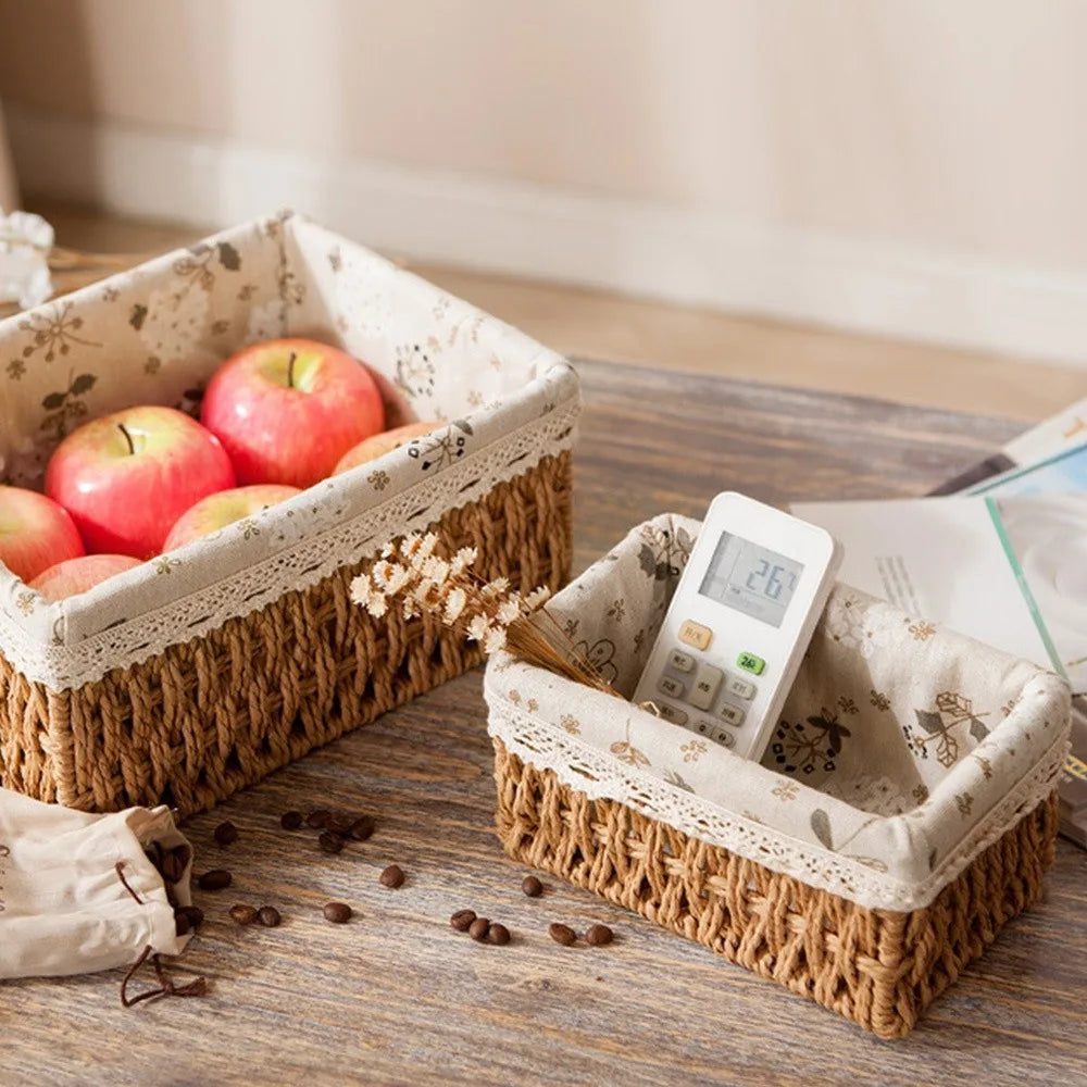 paniers rangement tissu imprimé floral dentelle rustique beige marron clair réutilisable stockage maison jouets
