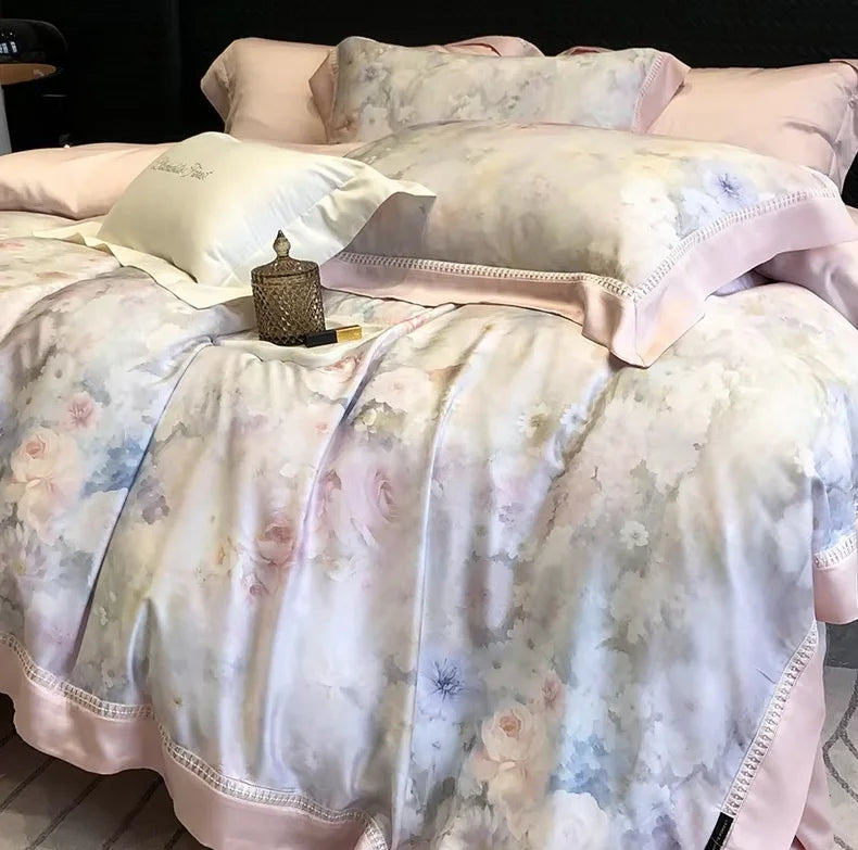 ensemble literie quatre pièces housse couette drap taies fleurs motifs élégants tissu lyocell